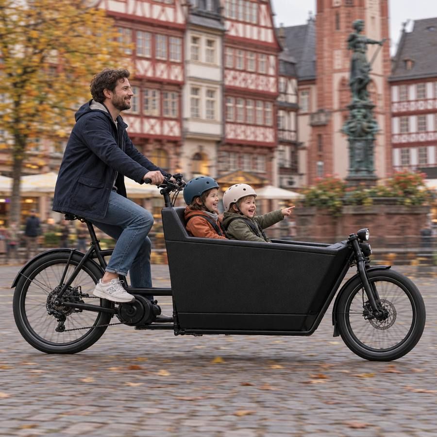 Vater fährt zwei Kinder im Lastenrad über den Frankfurter Römerberg