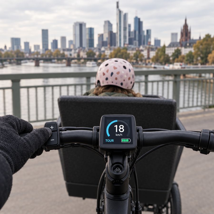 Blick vom Lenker auf Display, Kind in der Box und Frankfurter Skyline