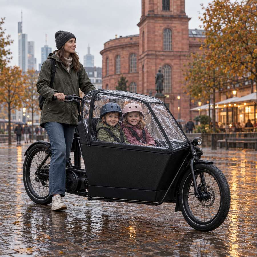 Mutter schiebt ein Lastenrad mit Regenverdeck über den Paulsplatz in Frankfurt