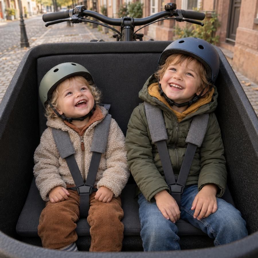 Zwei lachende Kinder mit Helm und Gurten in der Kinderbox eines Lastenrads